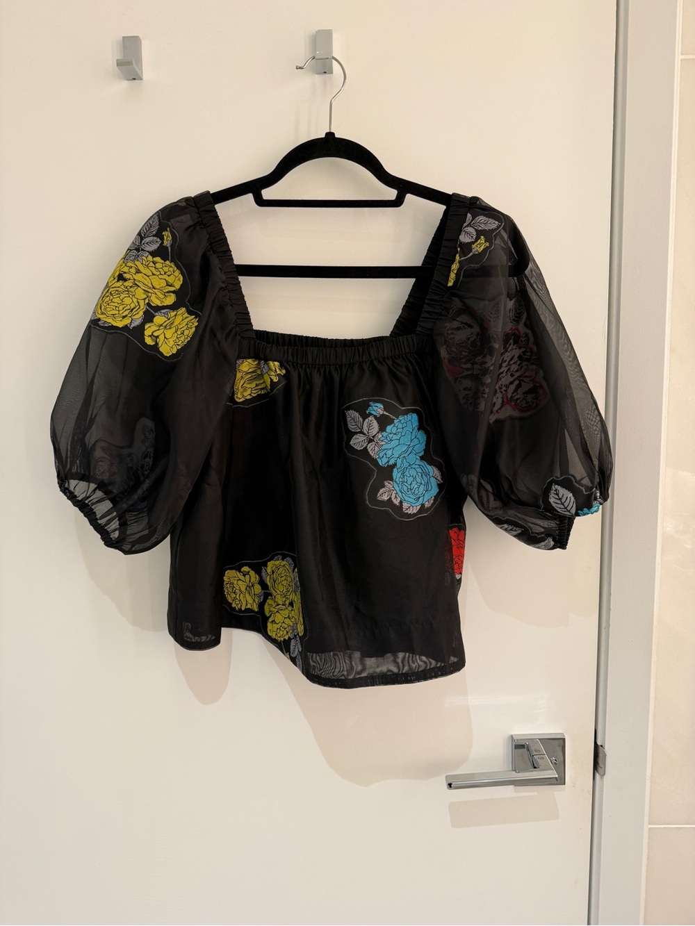 Ganni Black Sheer Puff-Sleeve Floral Square-Neck Blouse